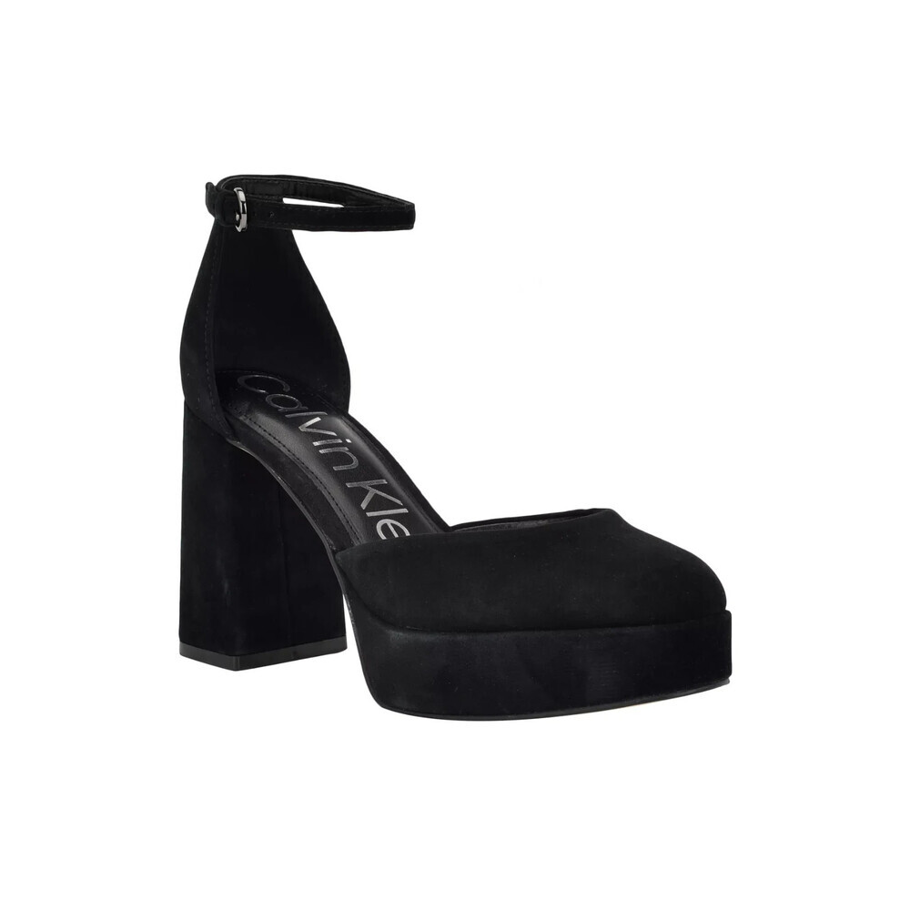 Calvin Klein Sabin Pump Women's US 8.5 Black Suede Ankle Strap Block Heel LION22